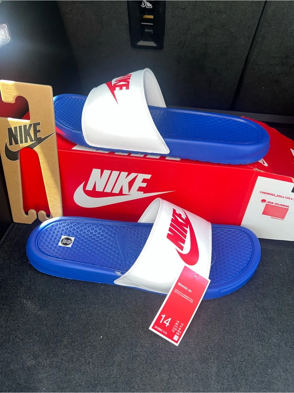New Nike Benassi JDI Game Royal/White Men's Slides Sandals 343880-410 Size 14